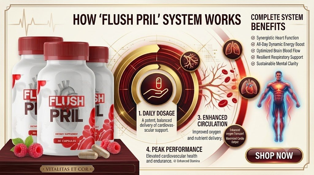 FlushPril seller overview graphic of the daily capsule routine